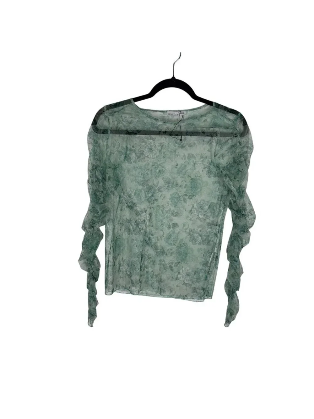 Zara Women M Green Floral Mesh Sheer Y2K Ruched Long Sleeve Blouse NWOT